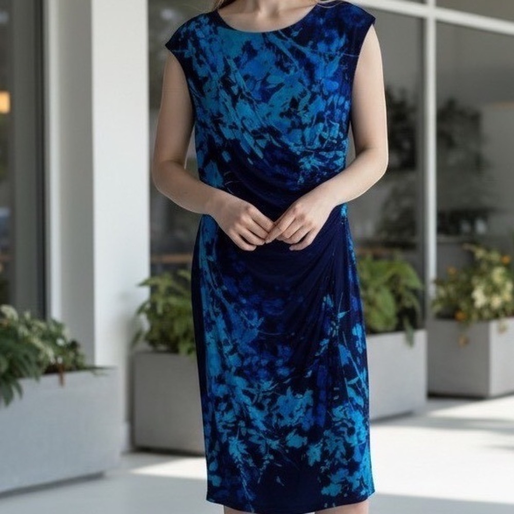 American Living Ralph Lauren Dress Womens 12 Tropical Blue Drape Knee Office